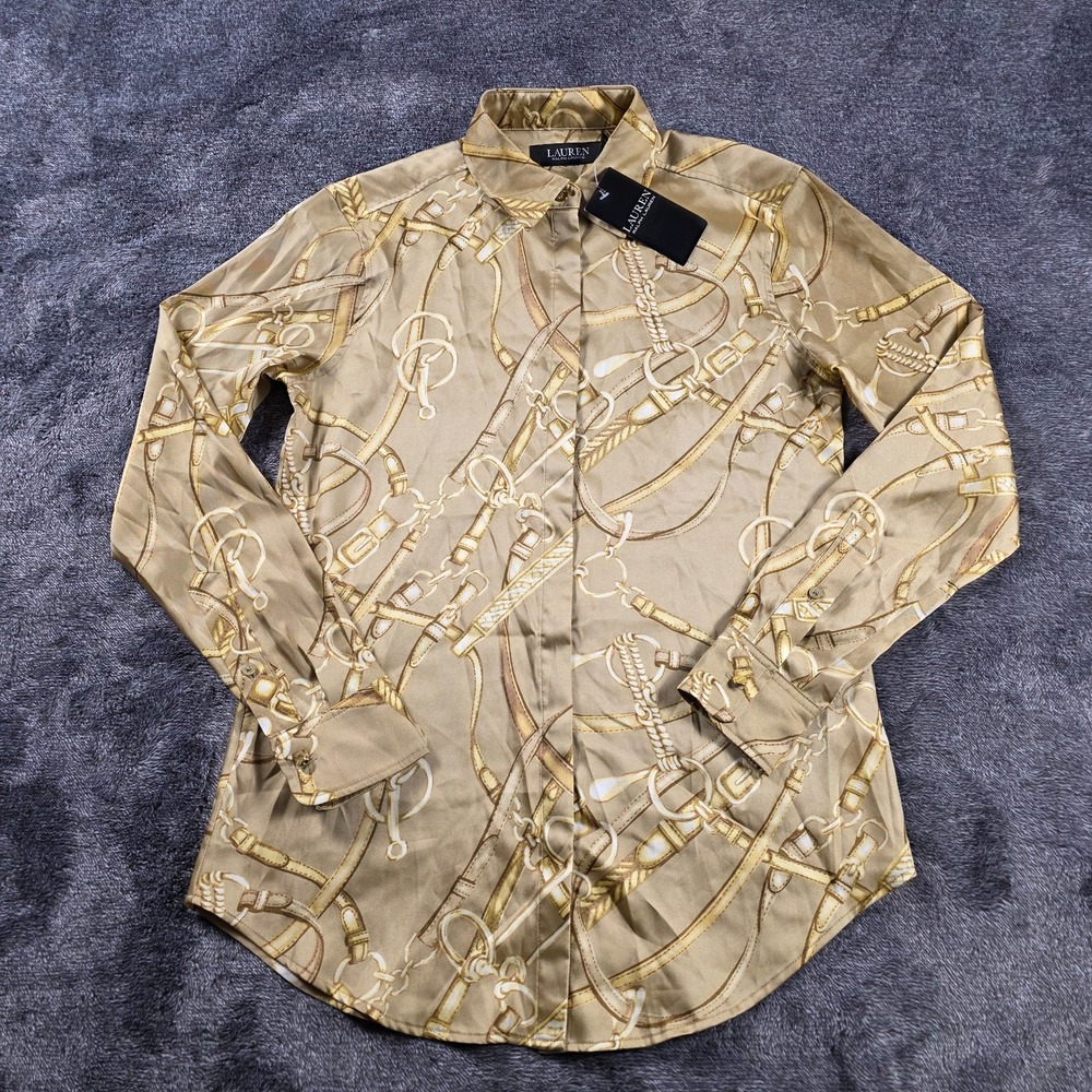 Ralph Lauren Equestrian Horse Tack Satin Shirt Womens XXS Brass/Gold